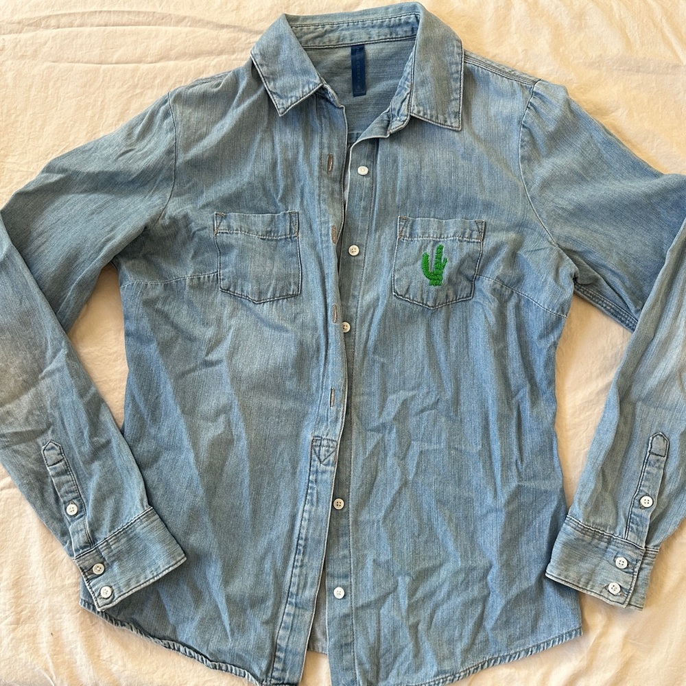 Denim Shirt with Cactus Embroidery